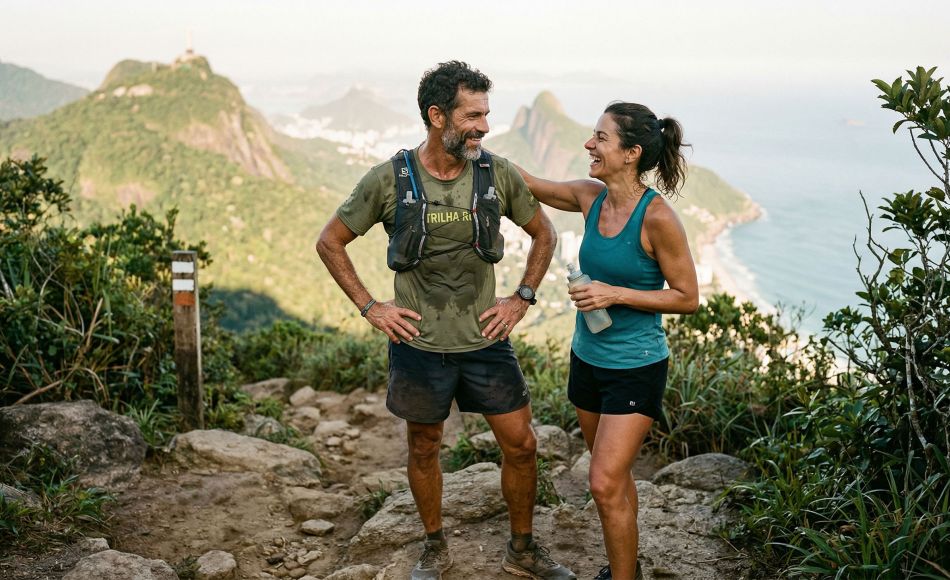 Homem na faixa dos quarenta treinando ao ar livre — simbolizando saúde hormonal, força e masculinidade ativa