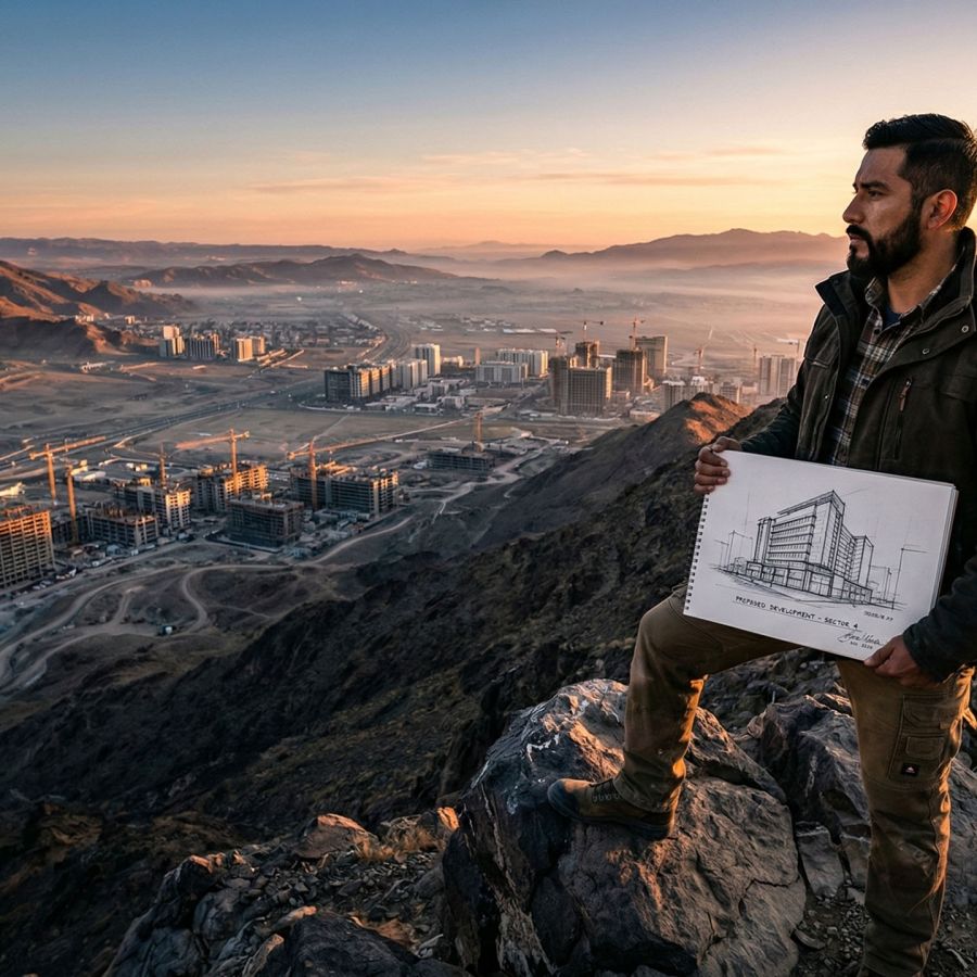 Um homem de pé forte que domina uma paisagem, representando liderança e visão.