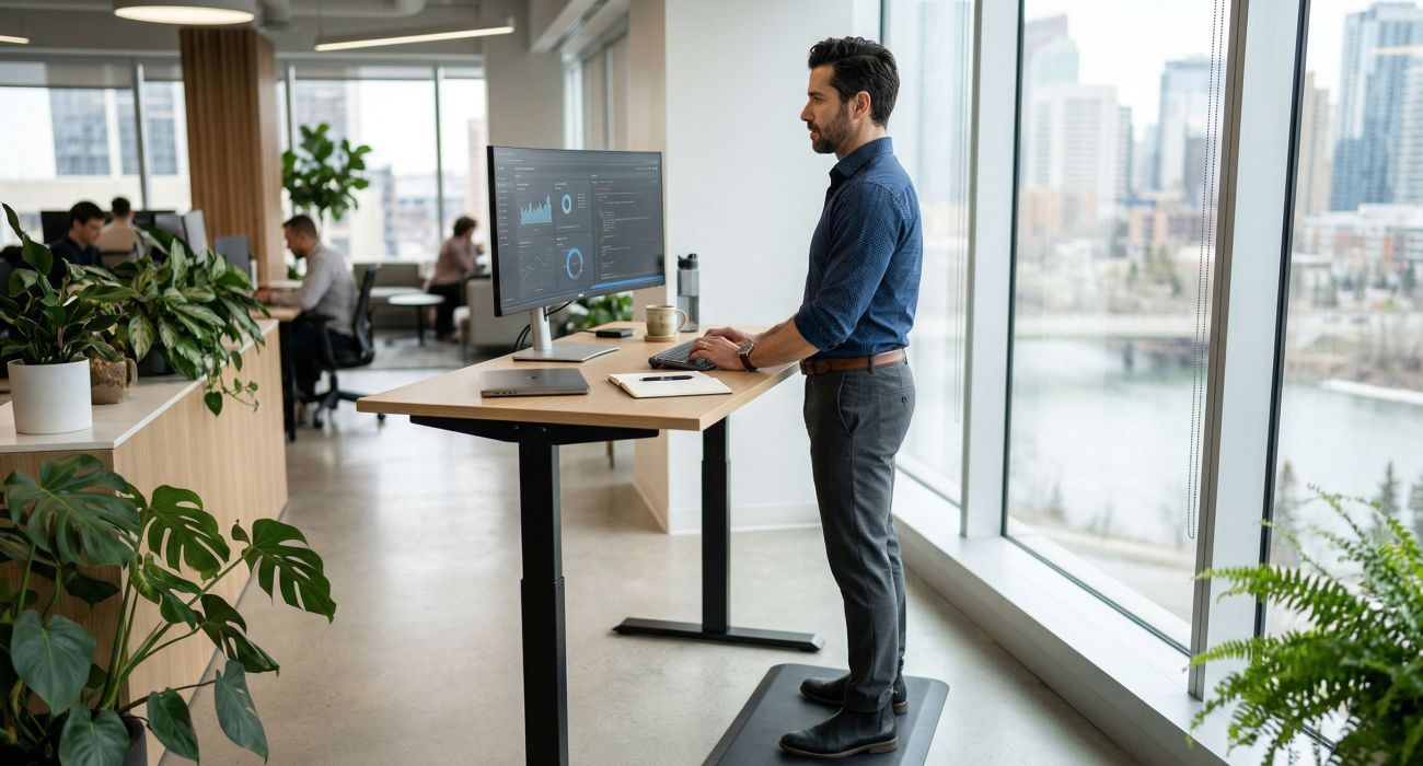 Homem usando mesa em pé para melhorar circulação e postura.
