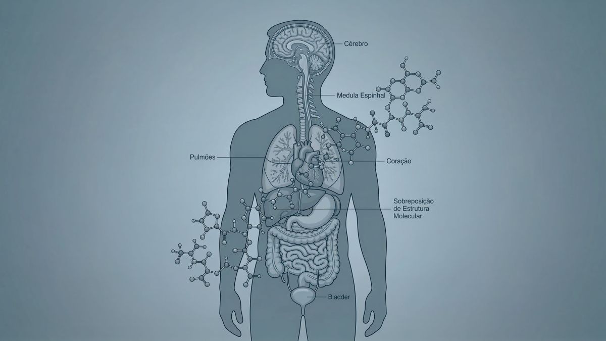 Ilustração de uma figura masculina sobreposta à estrutura molecular de microplásticos, representando a previsão de declínio dos níveis de testosterona até 2050.