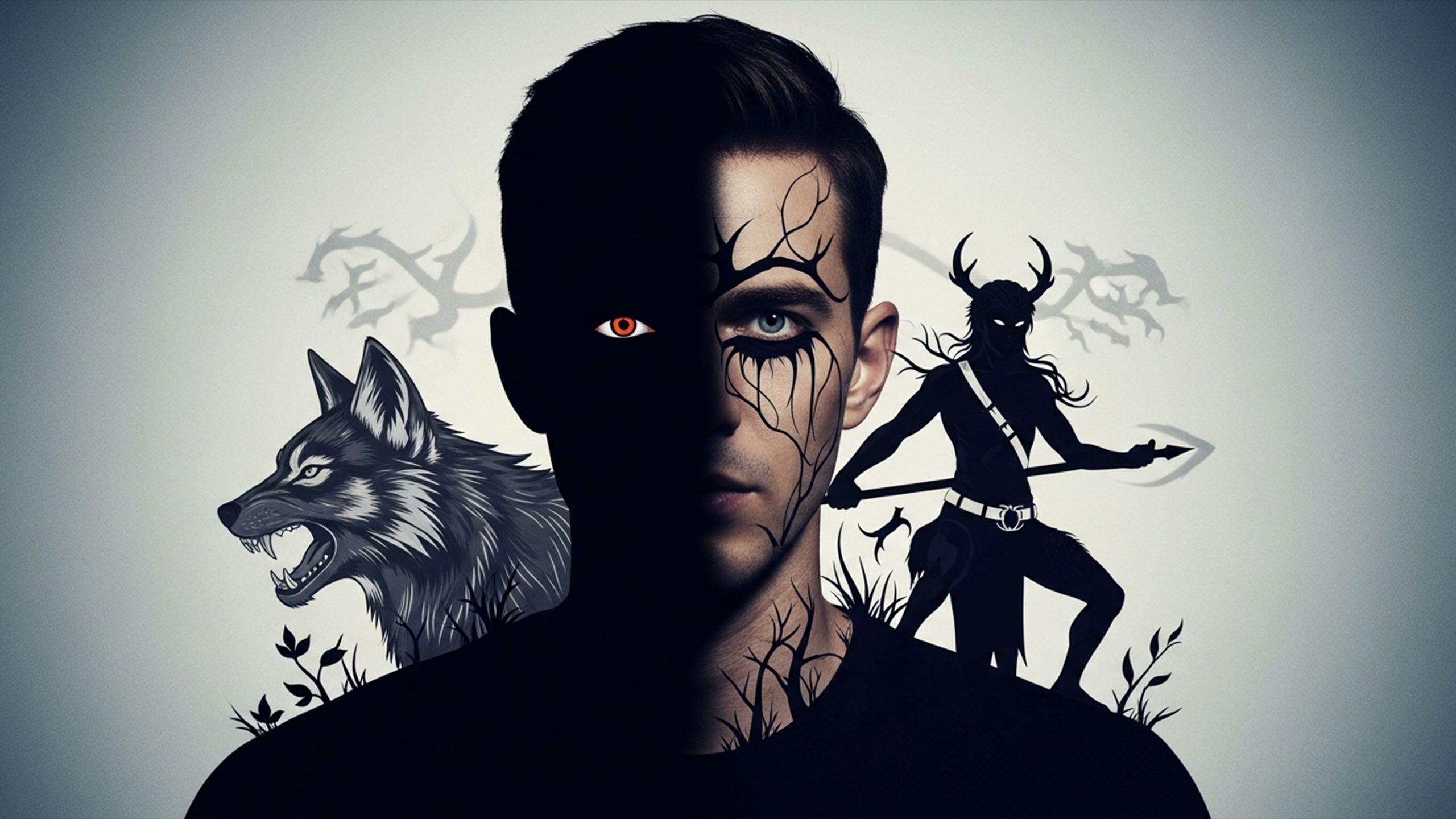 Editorial portrait: man half in shadow with subtle wolf and wolfish silhouette motifs — symbolic of desire and transformation.