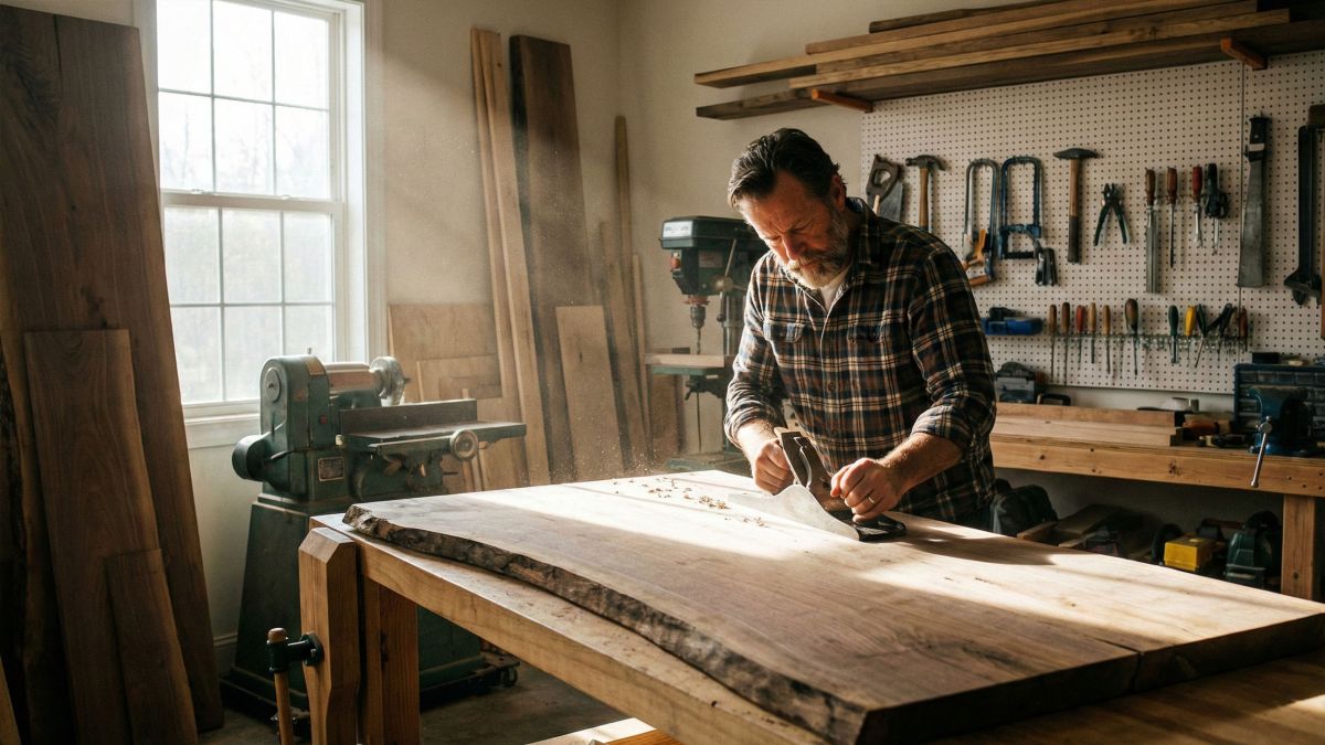 A man working on a handcrafted project in his garage to build purpose outside of work.