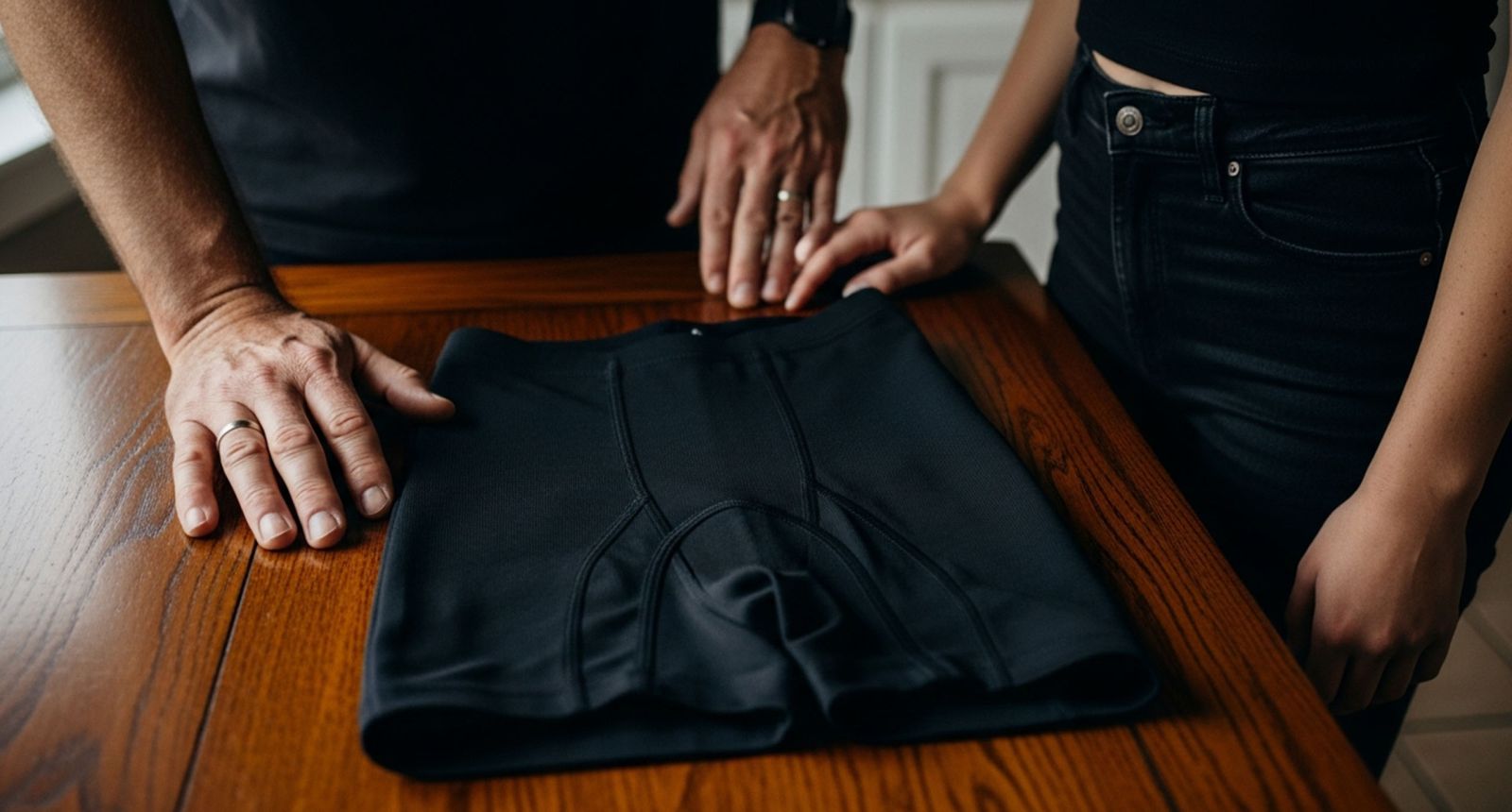Father giving anti-rape shorts he bought for his daughter.