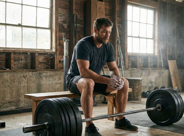 Hombre descansando entre levantamientos pesados ilustrando entrenamiento de fuerza inteligente y recuperación