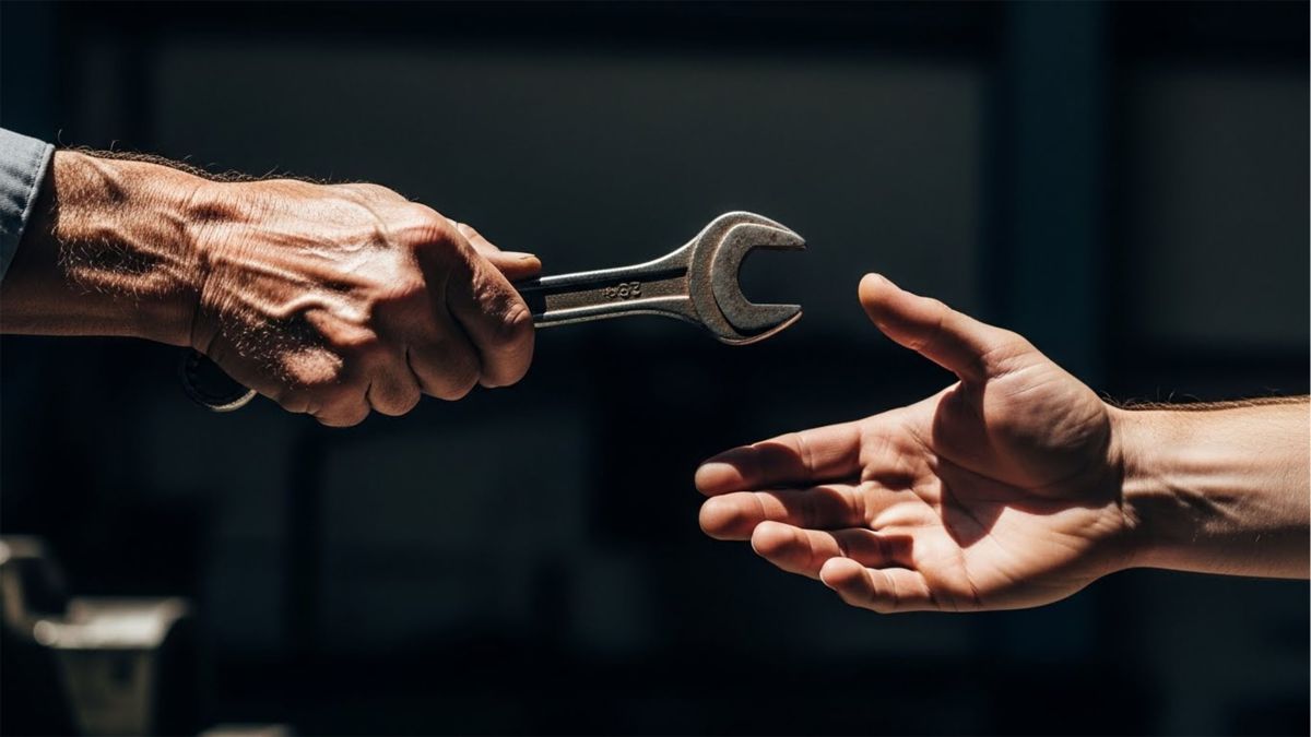 Ein Vater, der seinem Sohn ein Handwerk lehrt, als Symbol für die Weitergabe von Wissen und Dynastie.