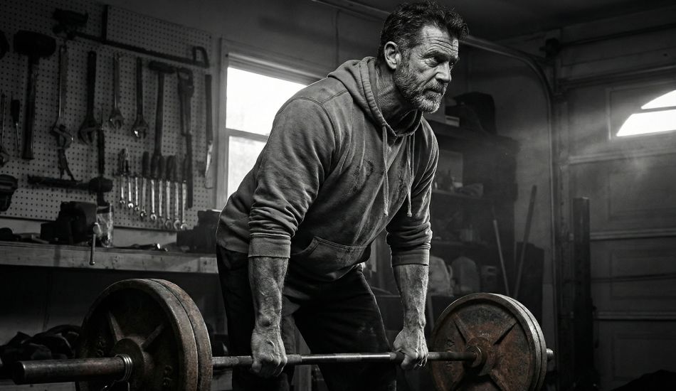 Hombre maduro realizando un peso muerto pesado para mantener la masa muscular y la densidad ósea.