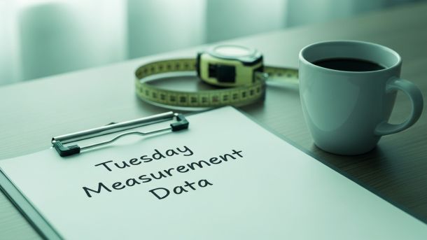 Simulierte wissenschaftliche Einrichtung mit Klemmbrett mit der Aufschrift „Dienstags-Messdaten“, Maßband und einem auf Dienstag eingekreisten Kalender.