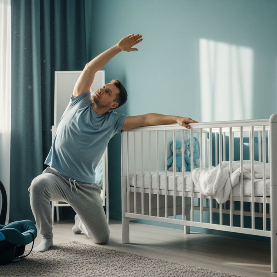 Man preparing for fatherhood with morning stretch and calm routine in soft blue light