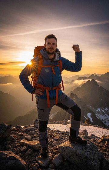 Man adventuring outdoors on a mountain peak.