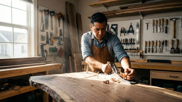 Un hombre trabajando en un proyecto artesanal en su garaje para construir un propósito fuera del trabajo.
