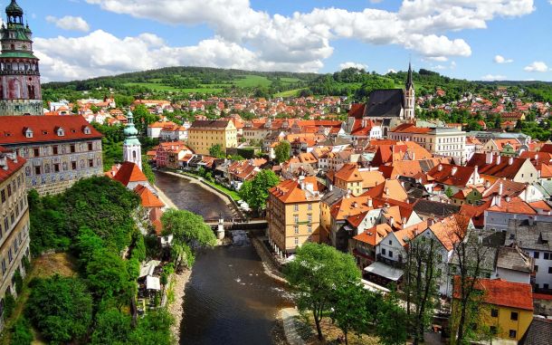 Czechia beautiful city scape with river through center of city