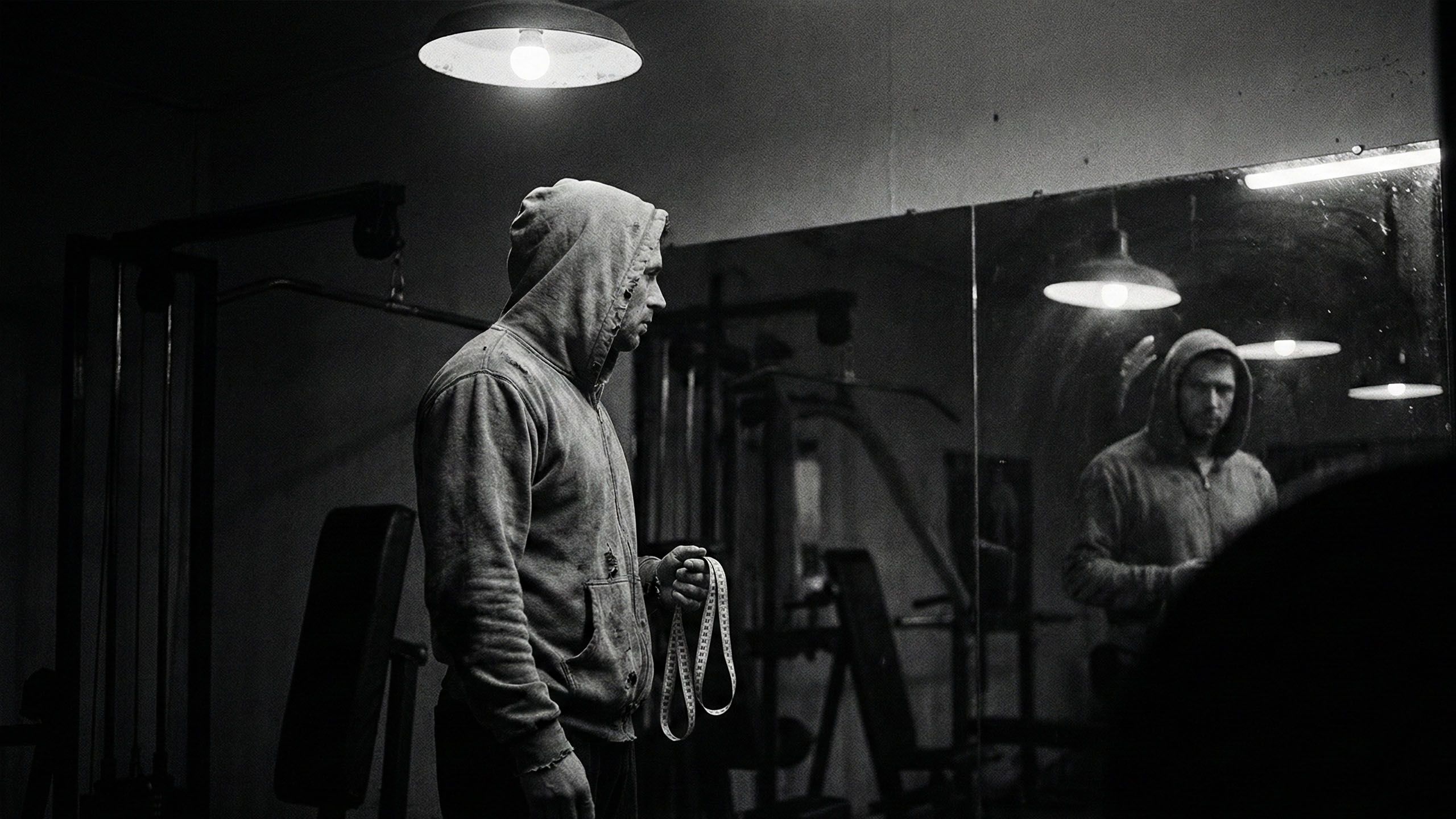 Un homme examinant son reflet, symbolisant la pression des statistiques physiques masculines.