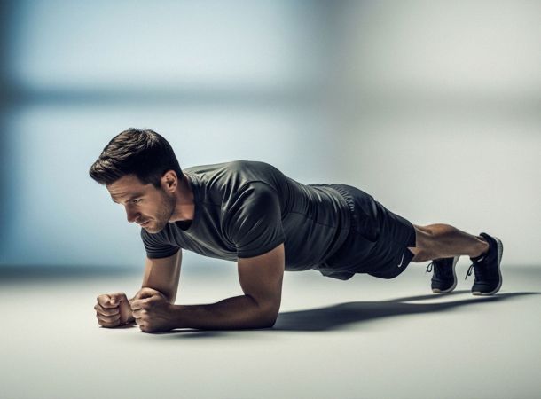 Homme en position de planche illustrant la force du tronc