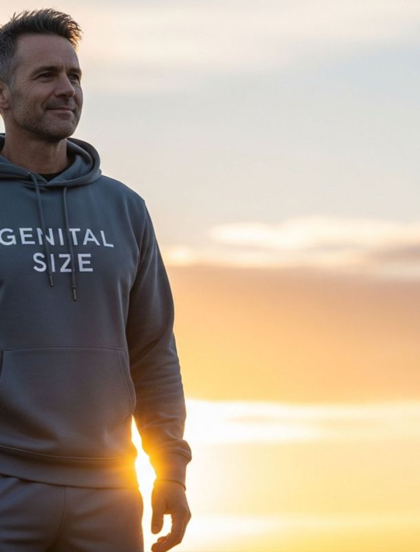 Midlife man at sunrise standing tall with calm confidence