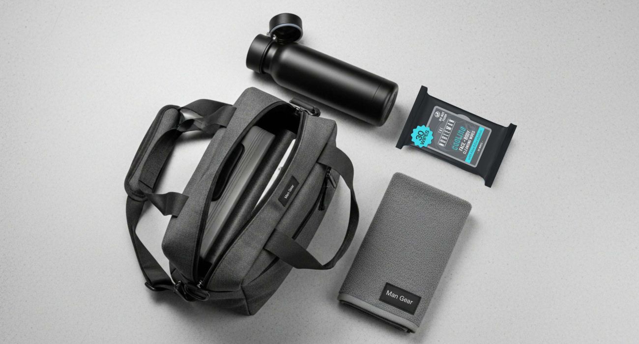 The Nobleman Men’s Cooling Eucalyptus Face and Body Cleansing Wipes on a gym flat-lay background