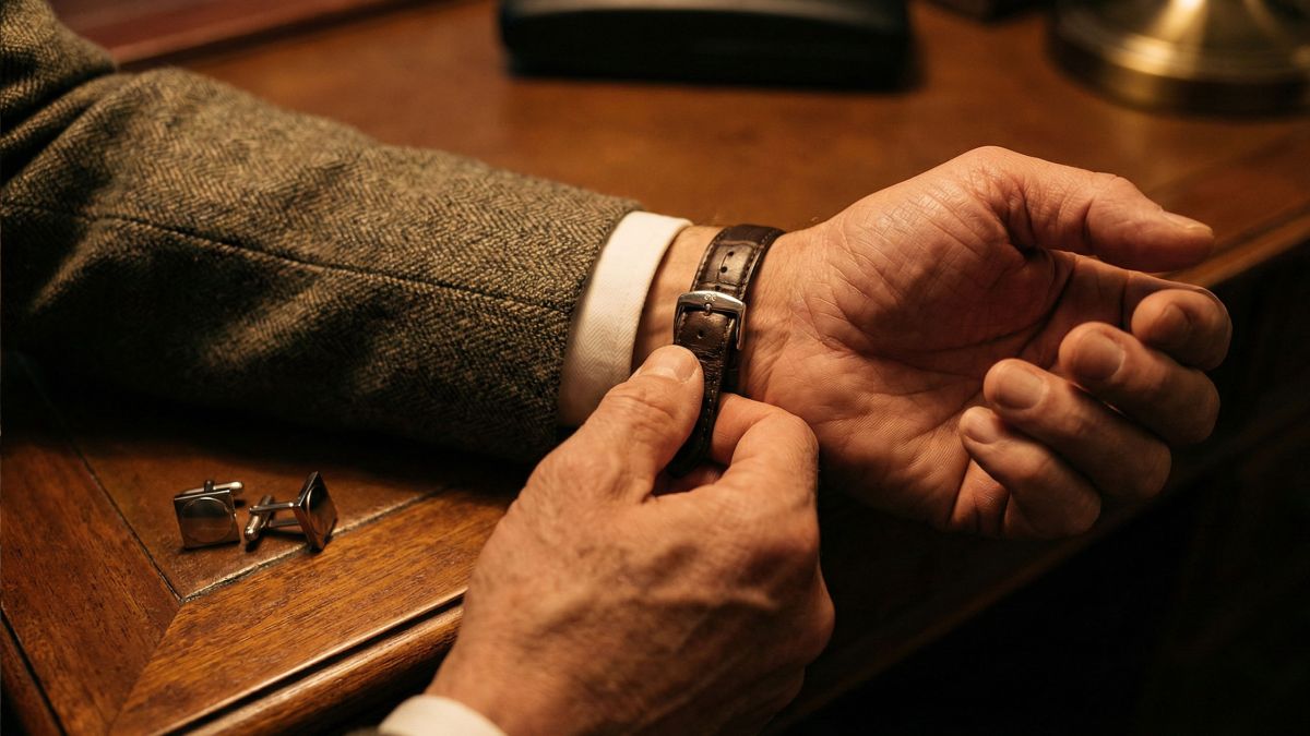 Un homme se préparant avec concentration et attention aux détails, symbolisant la compétence masculine.