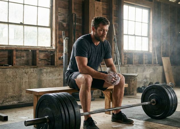 Hombre descansando entre levantamientos pesados ilustrando entrenamiento de fuerza inteligente y recuperación