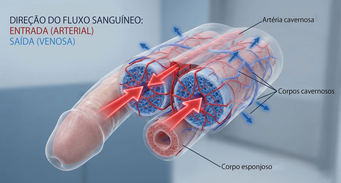 Diagrama mostrando as câmaras hidráulicas internas da anatomia masculina durante a excitação.