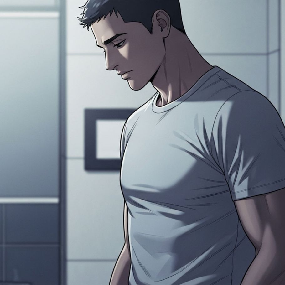 Man in a bathroom quietly checking his genital health with a thoughtful, neutral expression