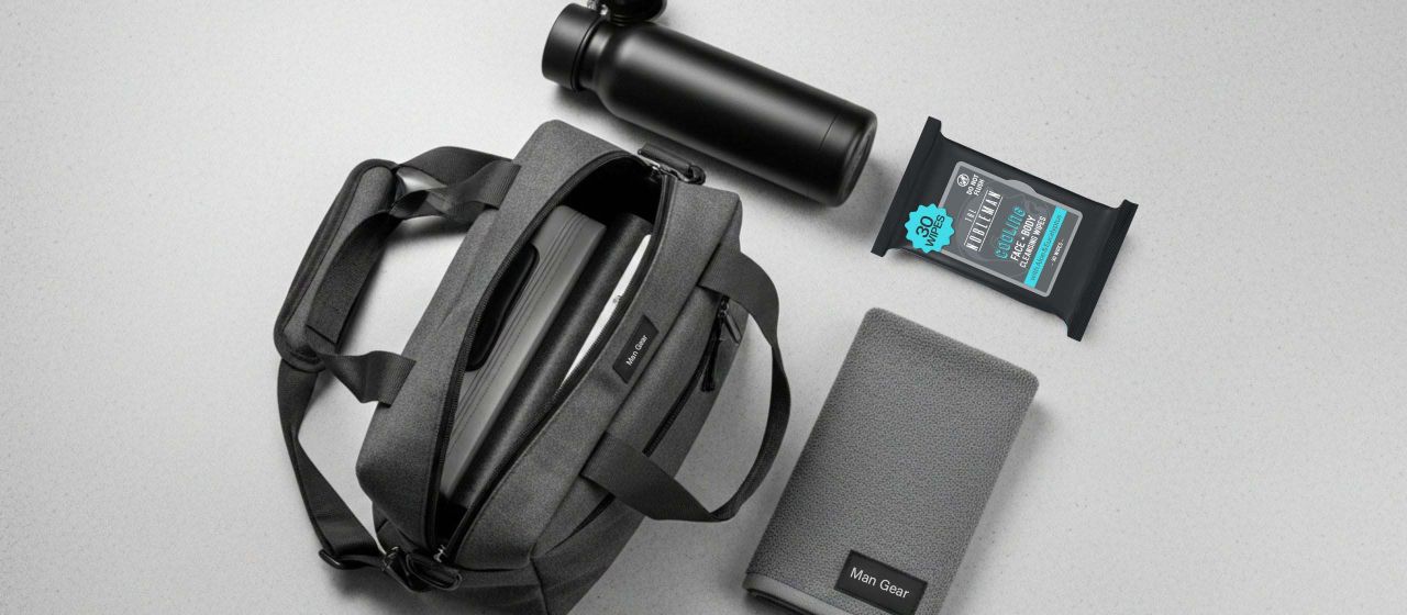 The Nobleman Men’s Cooling Eucalyptus Face and Body Cleansing Wipes on a gym flat-lay background