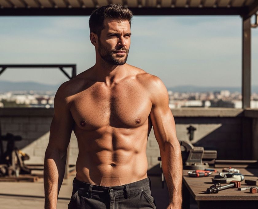 Hombre masculino y seguro al aire libre reforzando su confianza sin importar el tamaño de su pene