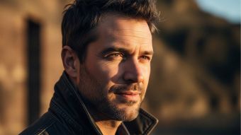 Hombre maduro y seguro de pie en exteriores, simbolizando fuerza y bienestar sexual.