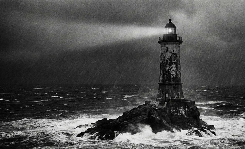 A sturdy stone lighthouse enduring a storm, symbolizing national stability.