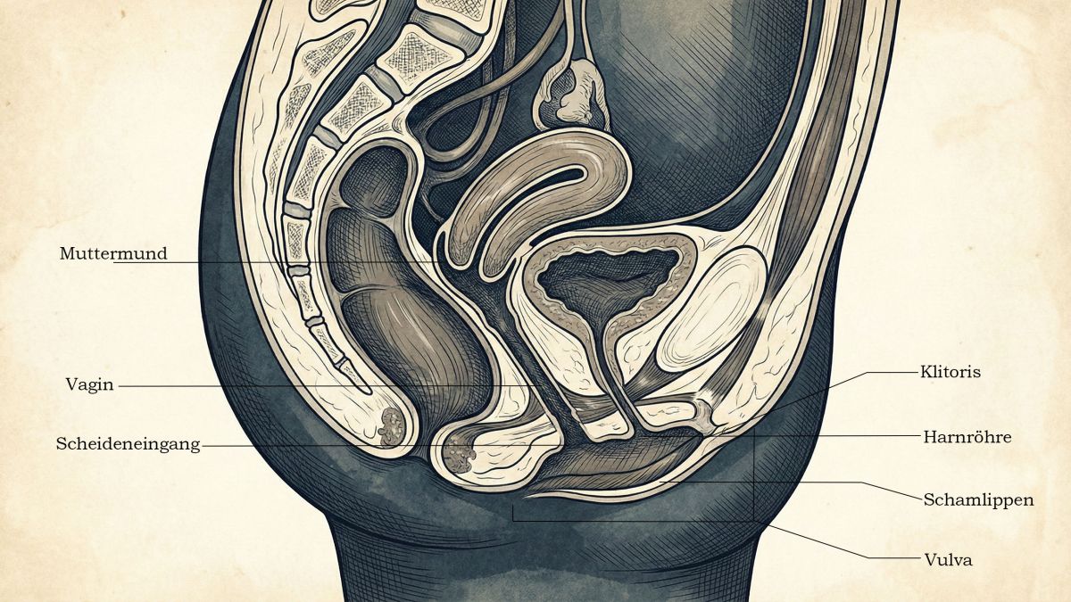 Professionelles anatomisches Diagramm des weiblichen Fortpflanzungssystems für Bildungszwecke.
