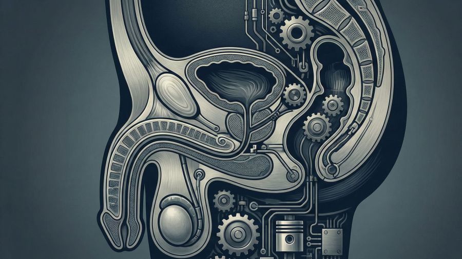 Diagrama que ilustra las cuatro etapas del ciclo de respuesta sexual masculina y el modelo de control dual.