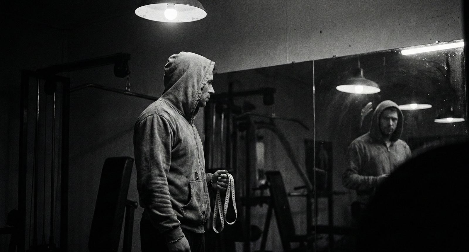 Un homme examinant son reflet, symbolisant la pression des statistiques physiques masculines.