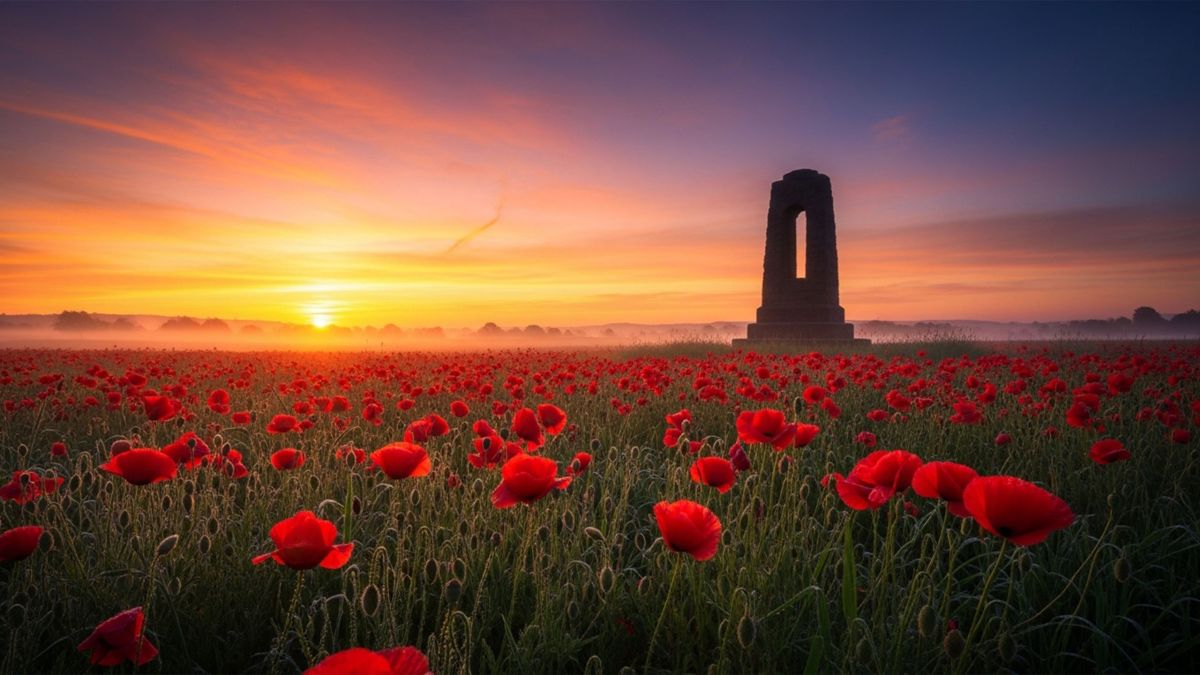 Lever de soleil sur un champ de coquelicots avec la silhouette d’un mémorial
