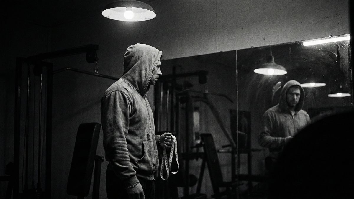 Un homme examinant son reflet, symbolisant la pression des statistiques physiques masculines.