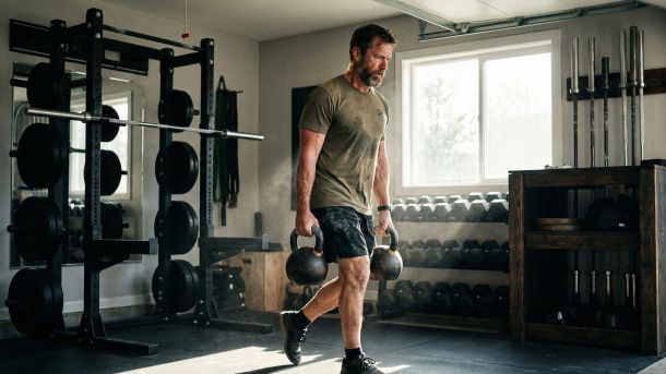 Kräftiger Mann beim funktionellen Krafttraining zur Optimierung von Gesundheit und Langlebigkeit.