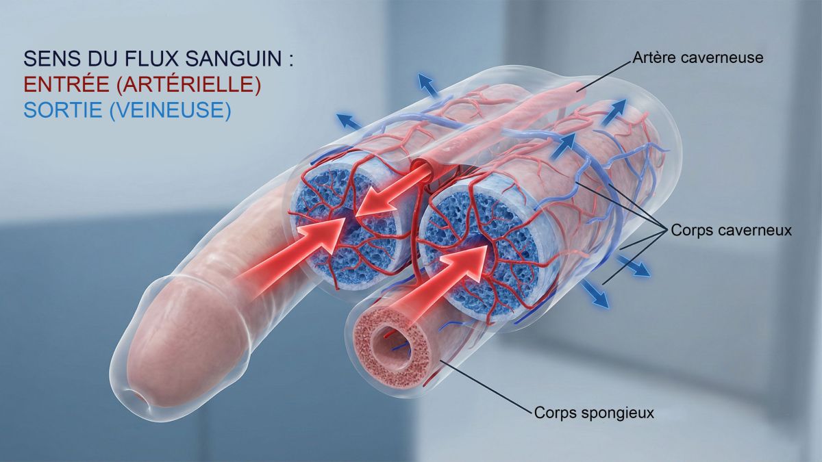 Diagramme montrant les chambres hydrauliques internes de l'anatomie masculine pendant l'excitation.
