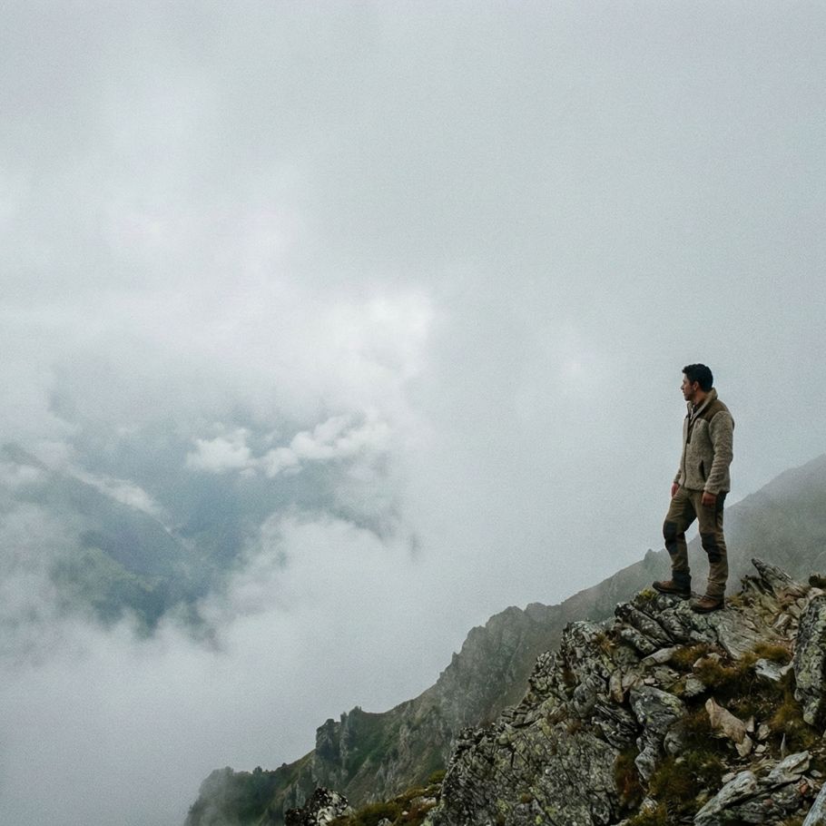 Un hombre parado solo en una cresta de montaña neblinosa y escarpada, evitando preocupaciones médicas.