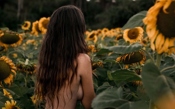 Nude woman in a field of sunflowers celebrating nude gardening day