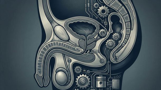 Diagramme illustrant les quatre étapes du cycle de réponse sexuelle masculine et le modèle de double contrôle.